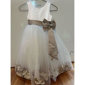 Flower Girl Dress White & Biscotti with flower pedals and Bow | Little Girls siz